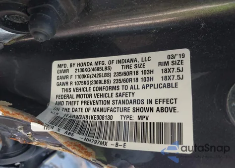 2019 Honda Cr-V Ex-L from USA, damaged, VIN 7FARW2H81KE008130